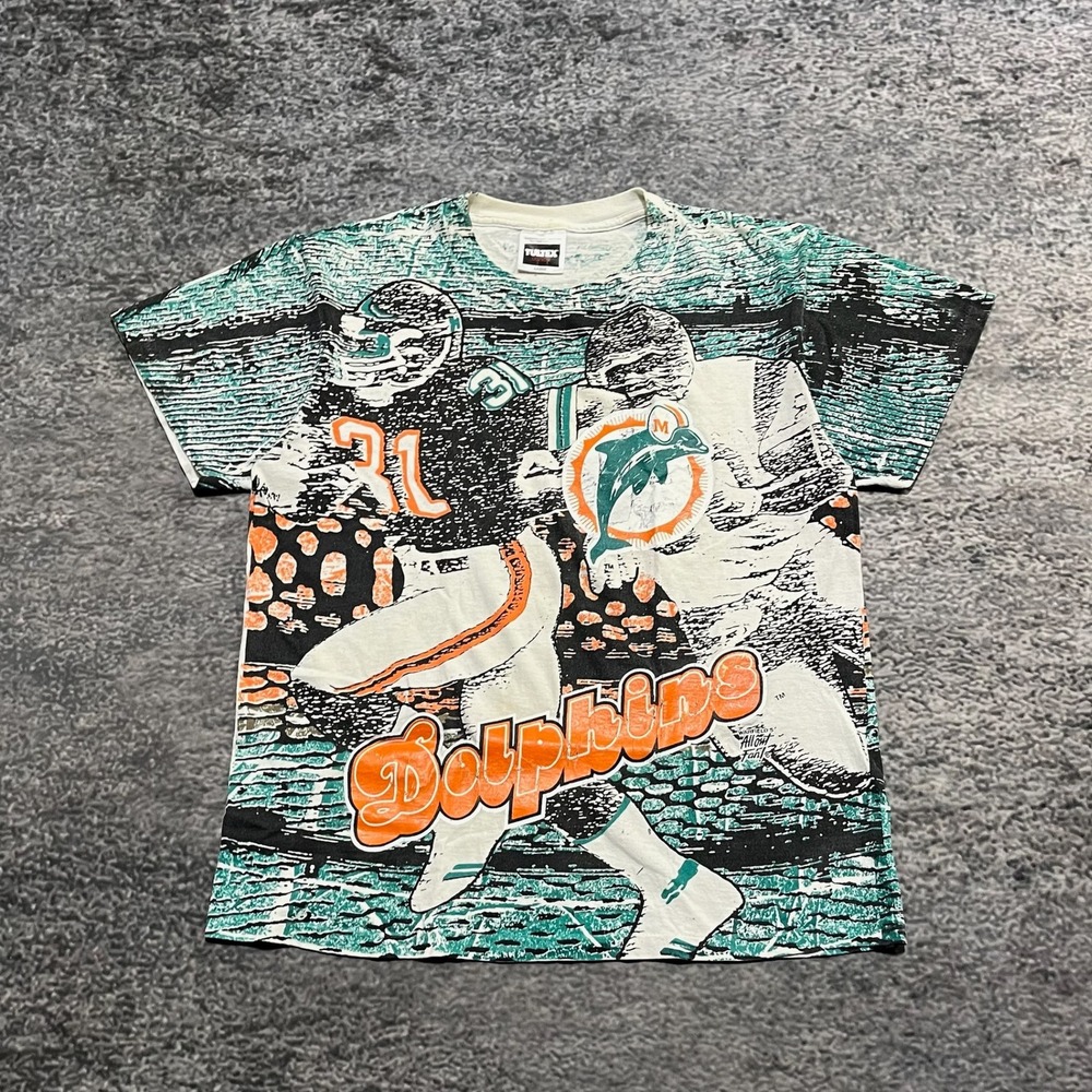 Vintage 90s Miami Dolphins T Shirt All Over Print Size Medium Tultex NFL‎